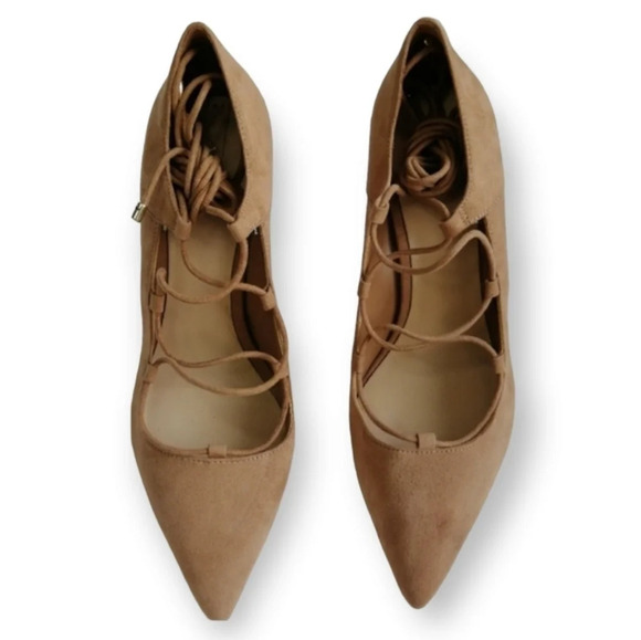 Aldo Tan Suede Kenneson Lace Up Stiletto Heel Pointed Toe Pumps 7.5 - Picture 3 of 16